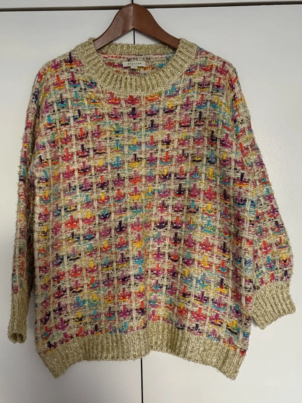 Stellah Multicolor Tweed Crewneck Sweater in Beige Base - Picture 2 of 10